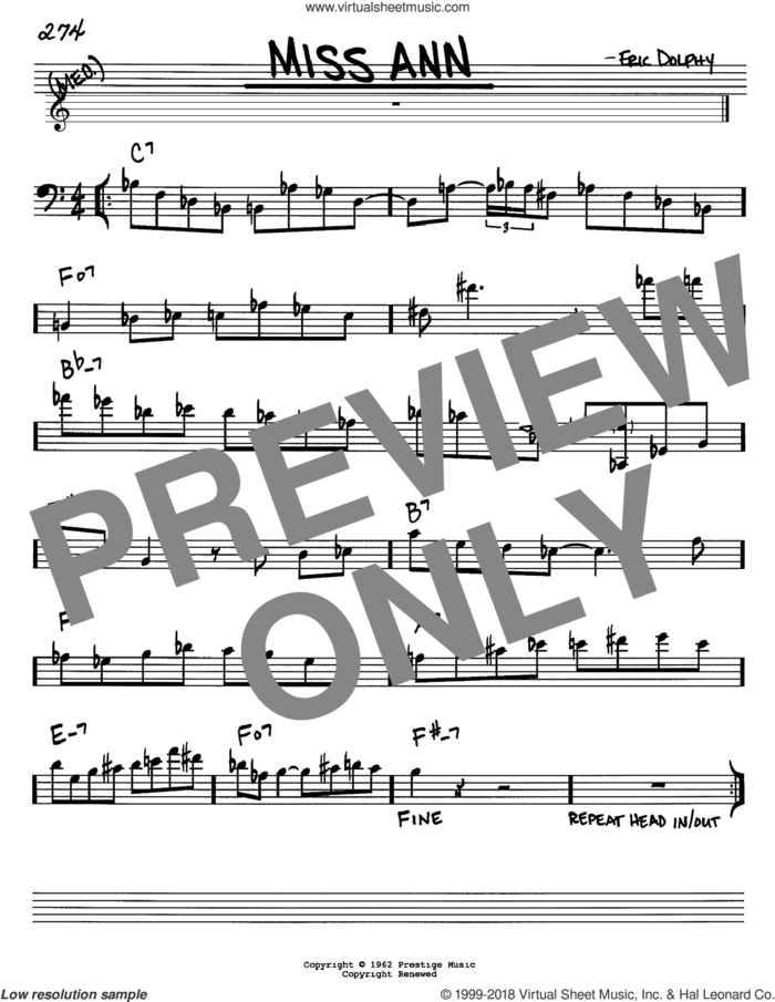 Miss Ann sheet music for voice and other instruments (bass clef) by Eric Dolphy, intermediate skill level