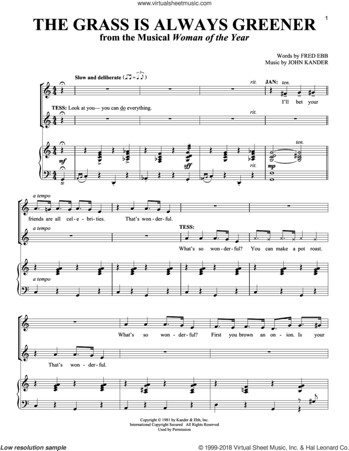 The Grass Is Always Greener (from Woman Of The Year) sheet music for two voices and piano by John Kander and Fred Ebb, intermediate skill level
