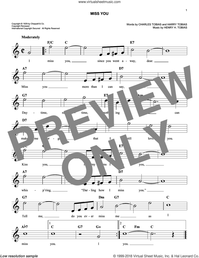 Miss You sheet music for voice and other instruments (fake book) by Charles Tobias and Harry Henry, intermediate skill level