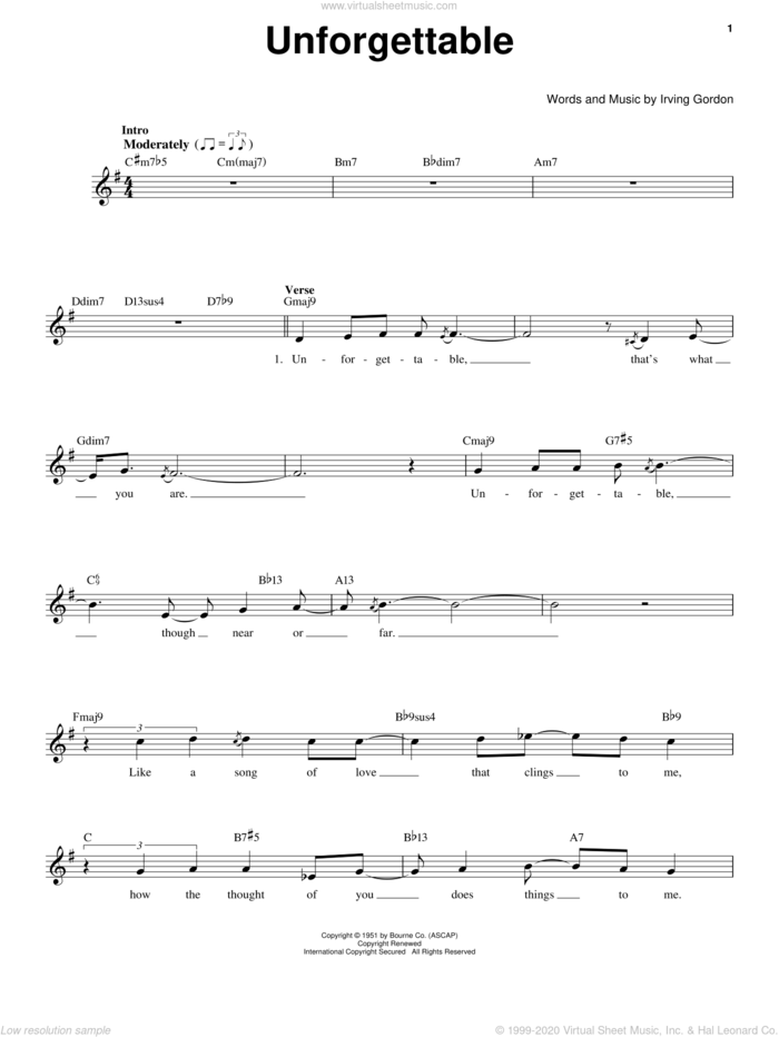 Unforgettable sheet music for voice solo by Nat King Cole and Irving Gordon, intermediate skill level