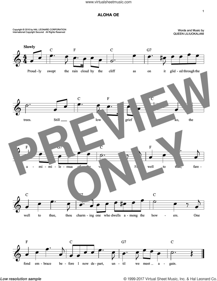 Aloha Oe sheet music for voice and other instruments (fake book) by Queen Liliuokalani, easy skill level