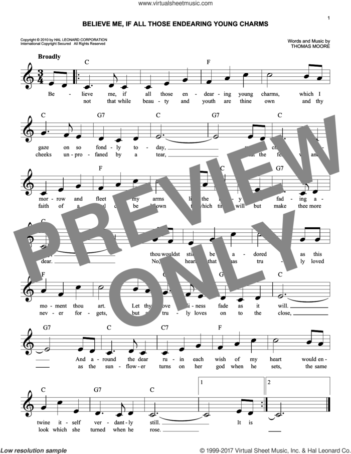Believe Me, If All Those Endearing Young Charms sheet music for voice and other instruments (fake book) by Thomas Moore, easy skill level