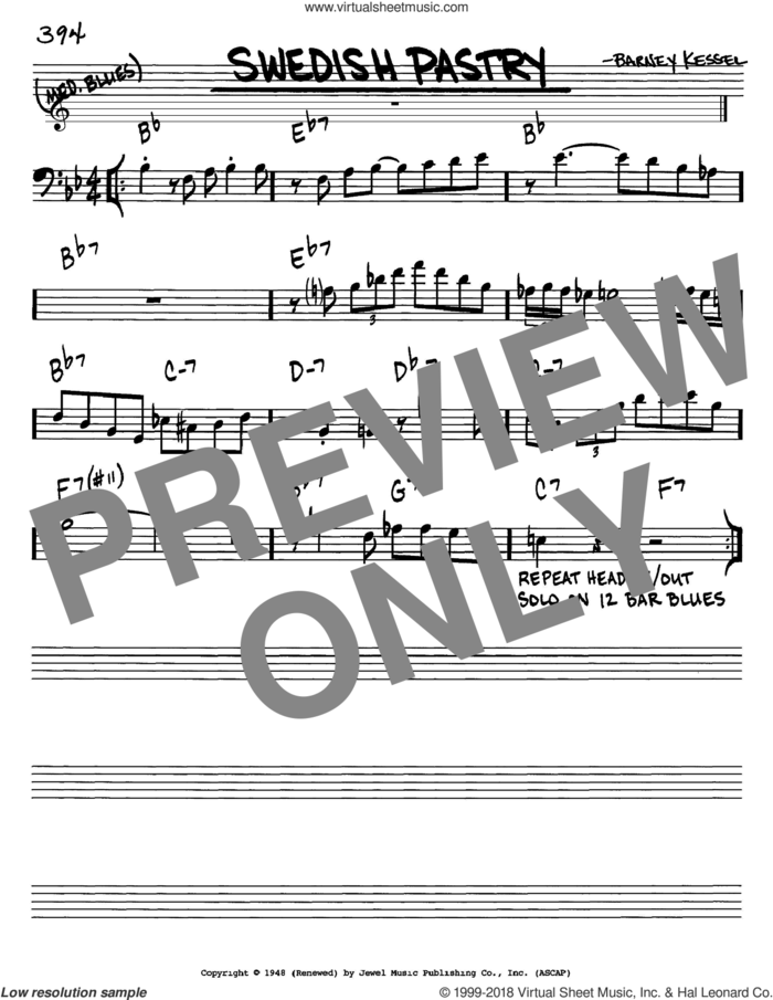 Swedish Pastry sheet music for voice and other instruments (bass clef) by Barney Kessel, intermediate skill level
