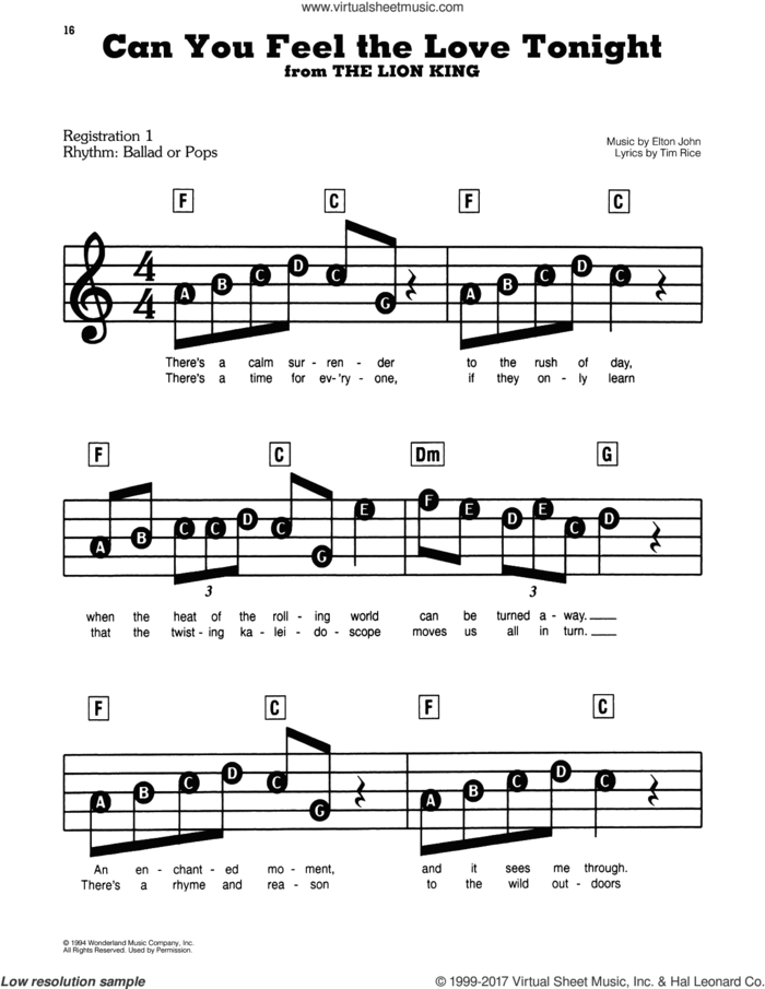Can You Feel The Love Tonight (from The Lion King) sheet music for piano or keyboard (E-Z Play) by Elton John and Tim Rice, wedding score, easy skill level