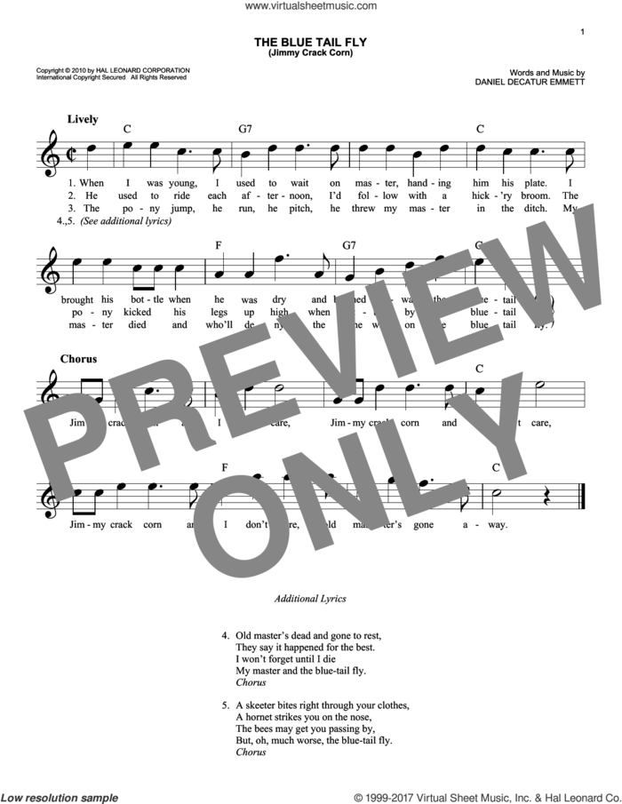 The Blue Tail Fly (Jimmy Crack Corn) sheet music for voice and other instruments (fake book) by Daniel Decatur Emmett, intermediate skill level