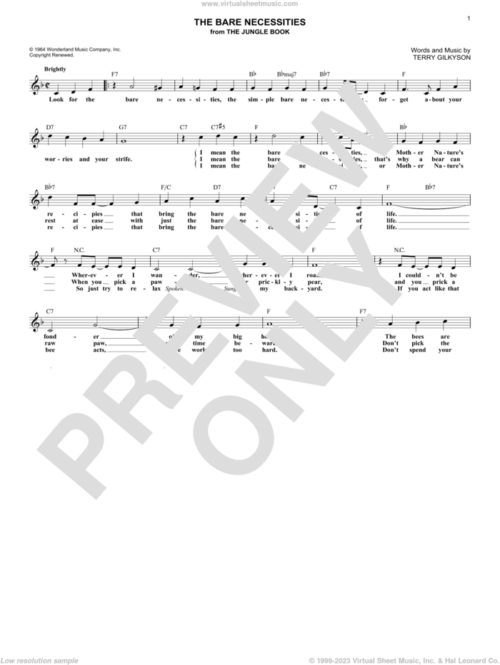 The Bare Necessities sheet music for voice and other instruments (fake book) by Terry Gilkyson, intermediate skill level