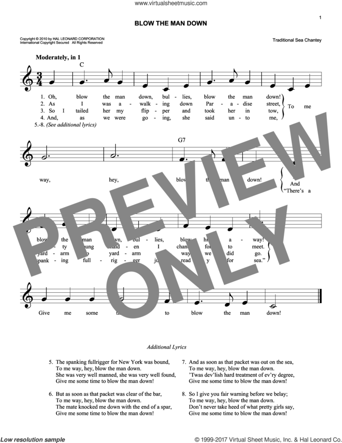 Blow The Man Down sheet music for voice and other instruments (fake book), easy skill level
