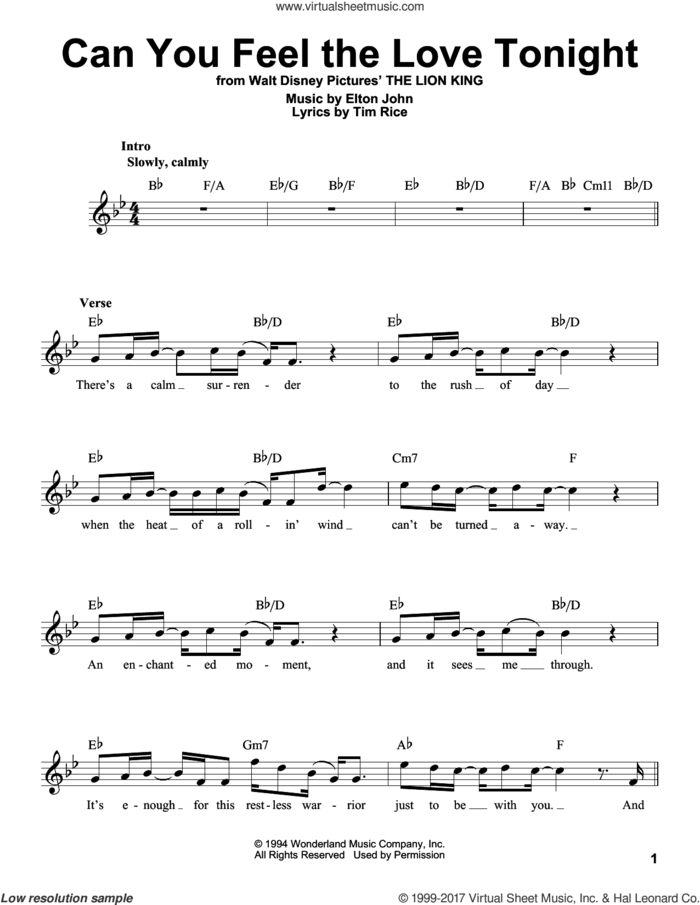 Can You Feel The Love Tonight (from The Lion King) sheet music for voice solo by Elton John and Tim Rice, intermediate skill level