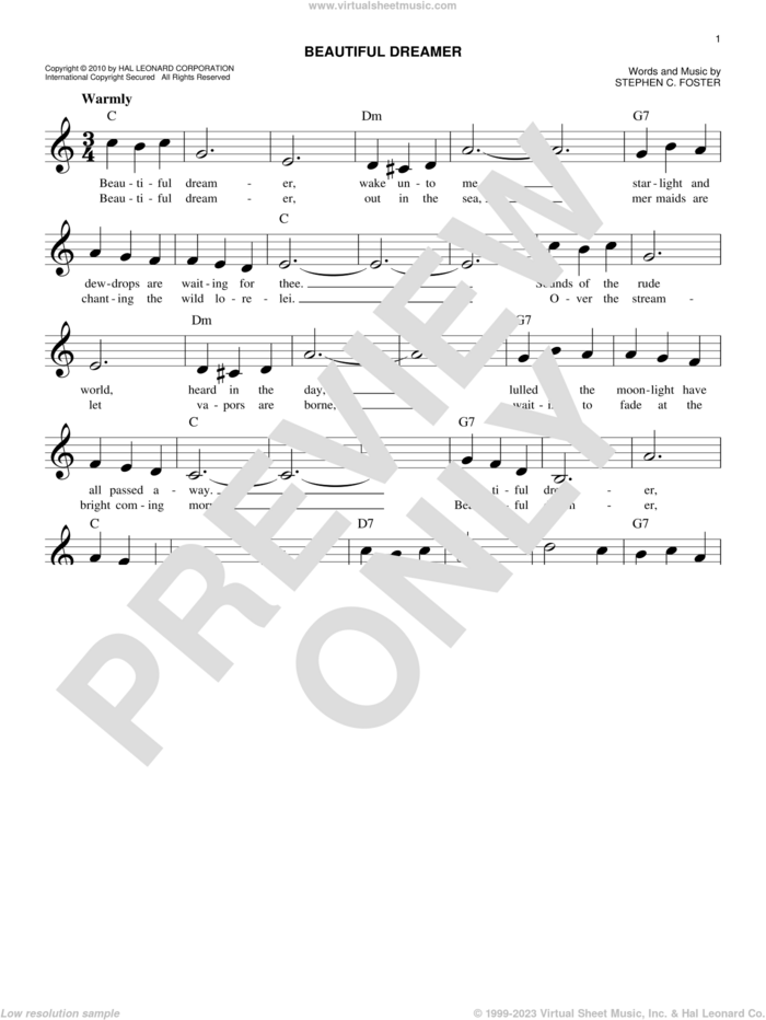 Beautiful Dreamer sheet music for voice and other instruments (fake book) by Stephen Foster, easy skill level