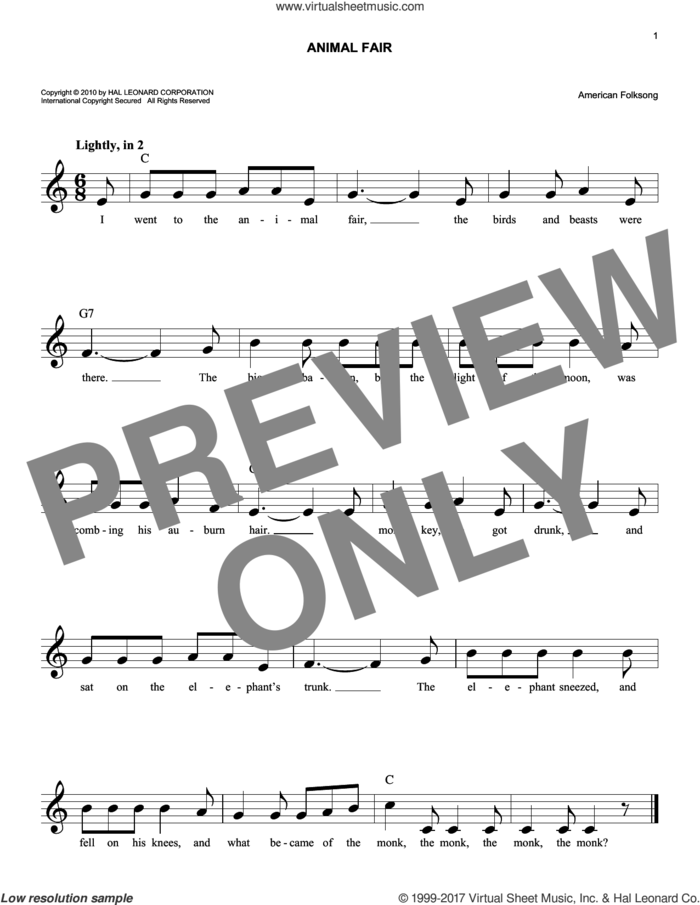 Animal Fair sheet music for voice and other instruments (fake book) by American Folksong, easy skill level