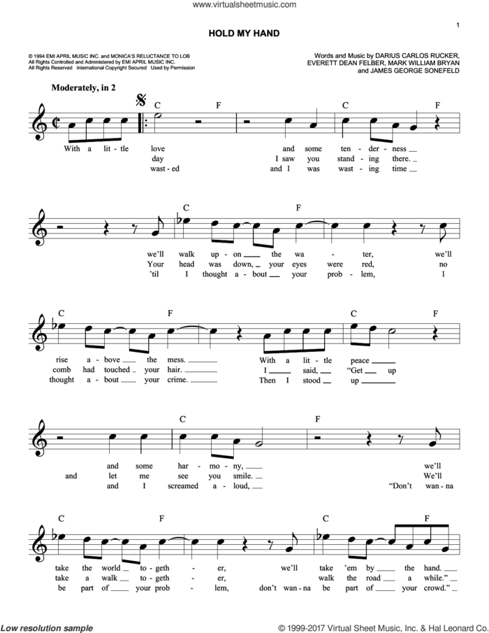 Hold My Hand sheet music for voice and other instruments (fake book) by Hootie & The Blowfish, Darius Carlos Rucker, Everett Dean Felber, James George Sonefeld and Mark William Bryan, intermediate skill level