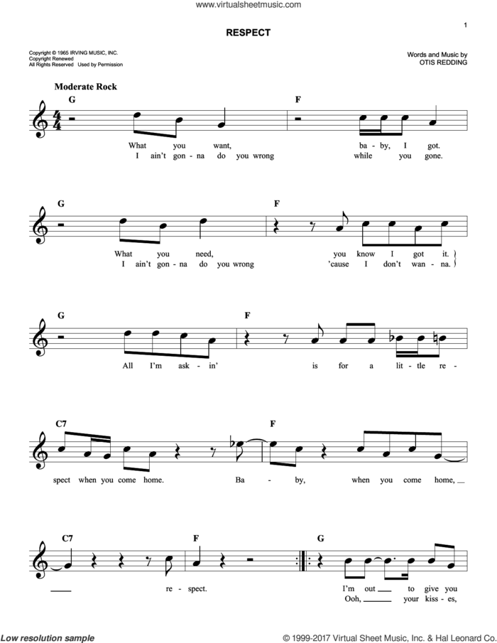 Respect sheet music for voice and other instruments (fake book) by Aretha Franklin and Otis Redding, easy skill level