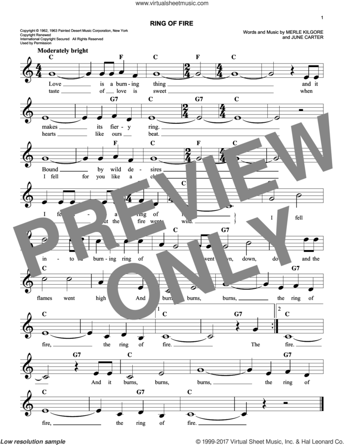Ring Of Fire sheet music for voice and other instruments (fake book) by Johnny Cash, June Carter and Merle Kilgore, easy skill level
