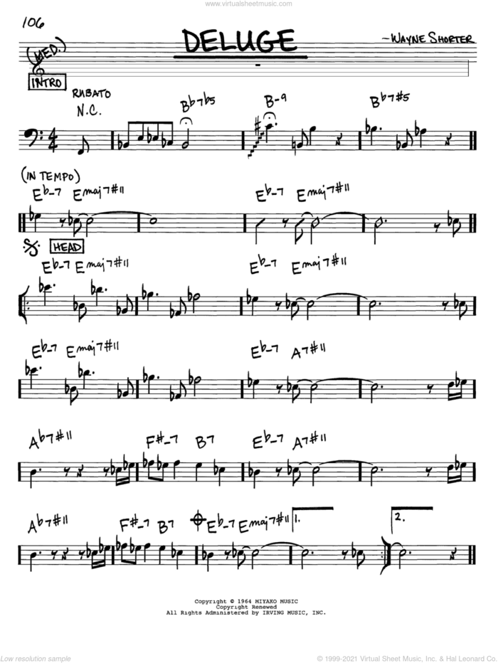Deluge sheet music for voice and other instruments (bass clef) by Wayne Shorter, intermediate skill level