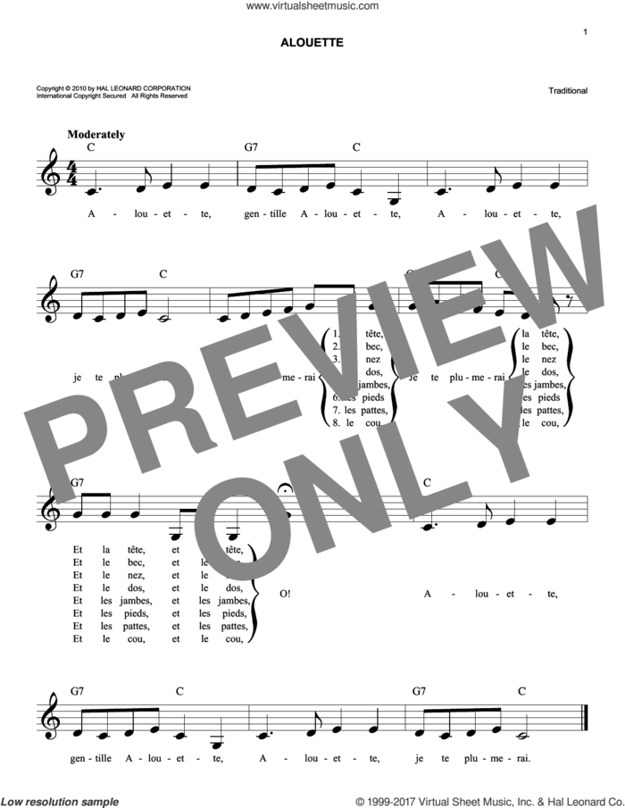 Alouette sheet music for voice and other instruments (fake book), easy skill level