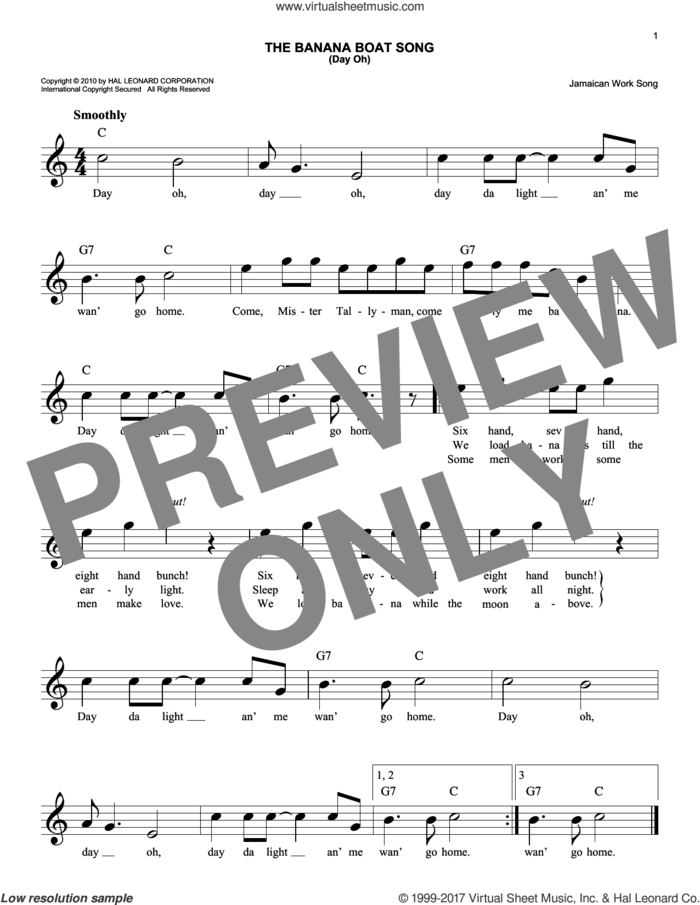 The Banana Boat Song sheet music for voice and other instruments (fake book), intermediate skill level