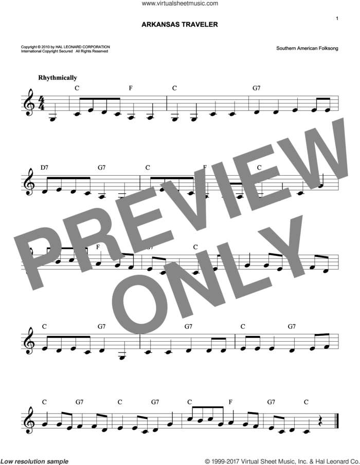 Arkansas Traveler sheet music for voice and other instruments (fake book), intermediate skill level