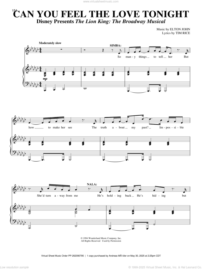 Can You Feel The Love Tonight (from The Lion King) sheet music for two voices and piano by Elton John and Tim Rice, wedding score, intermediate skill level
