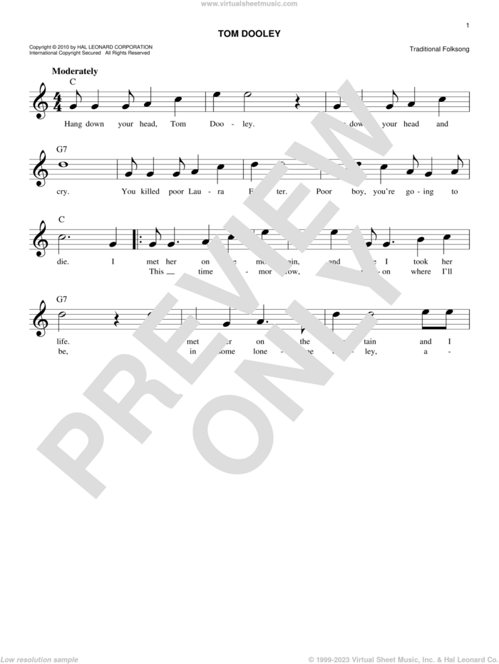 Tom Dooley sheet music for voice and other instruments (fake book), easy skill level