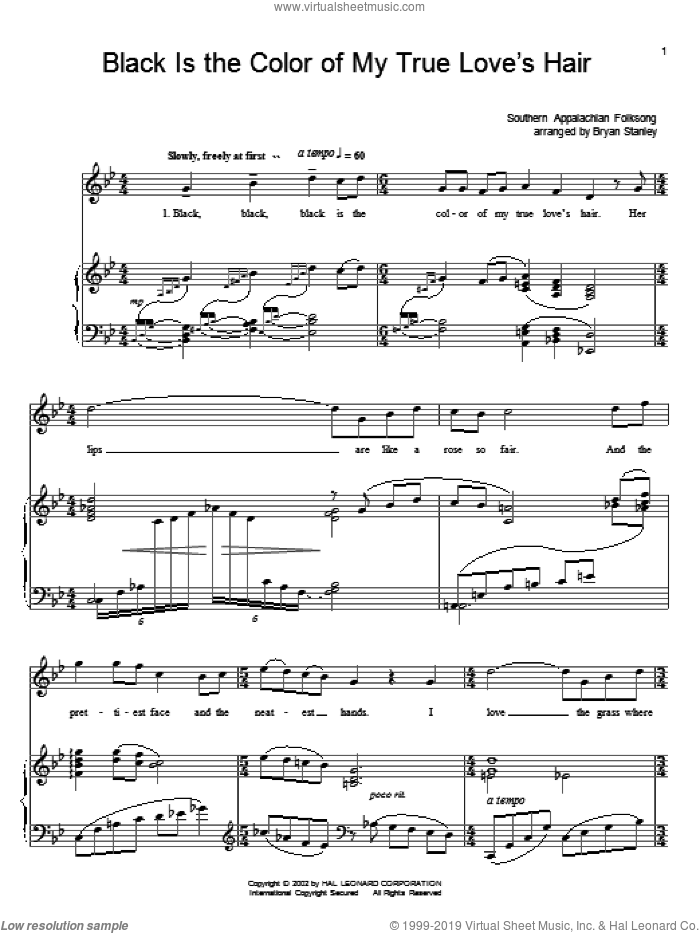 Black Is the Color Of My True Love's Hair sheet music for voice, piano or guitar, intermediate skill level