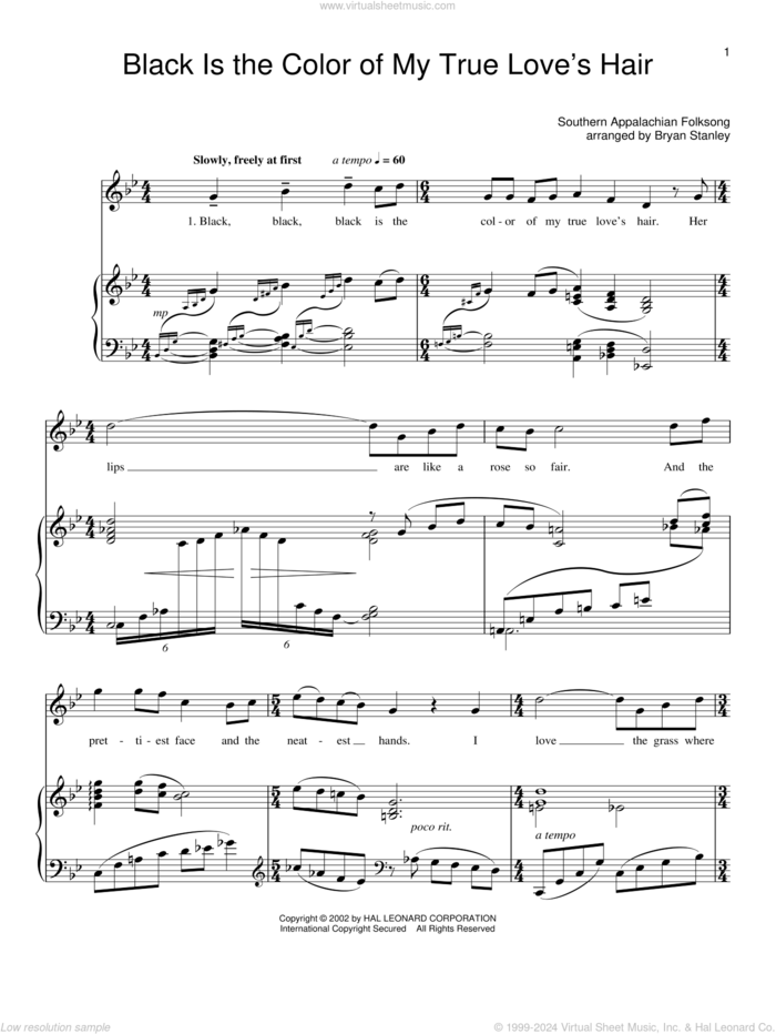 Black Is the Color Of My True Love's Hair sheet music for voice, piano or guitar, intermediate skill level