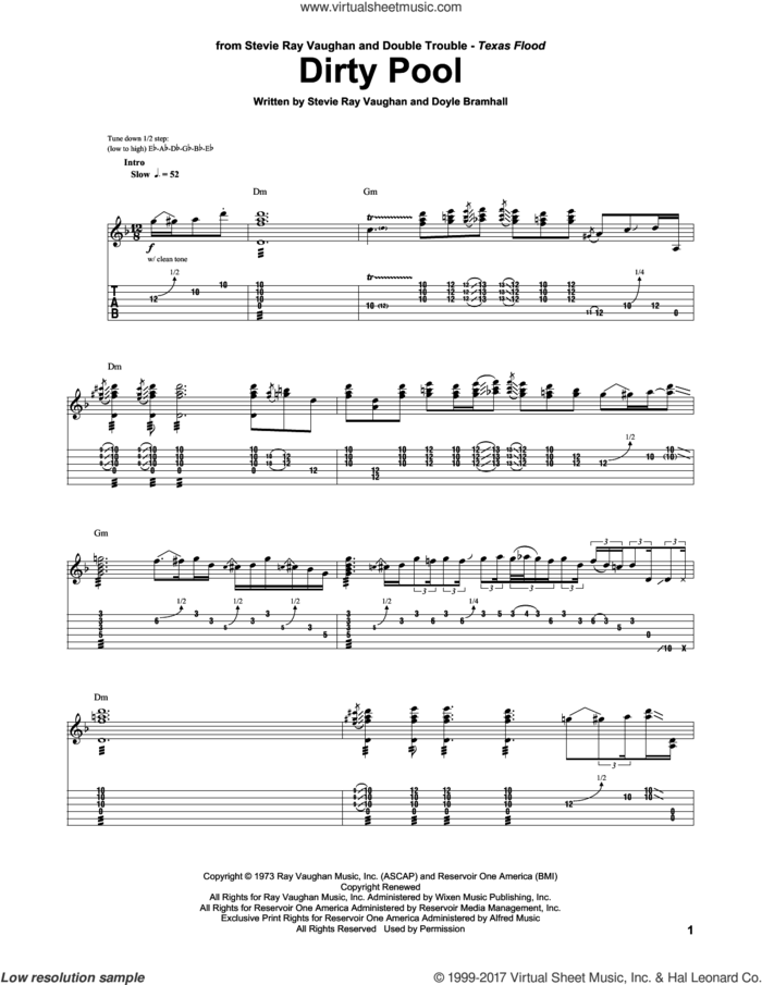 Dirty Pool sheet music for guitar (tablature) by Stevie Ray Vaughan and Doyle Bramhall, intermediate skill level