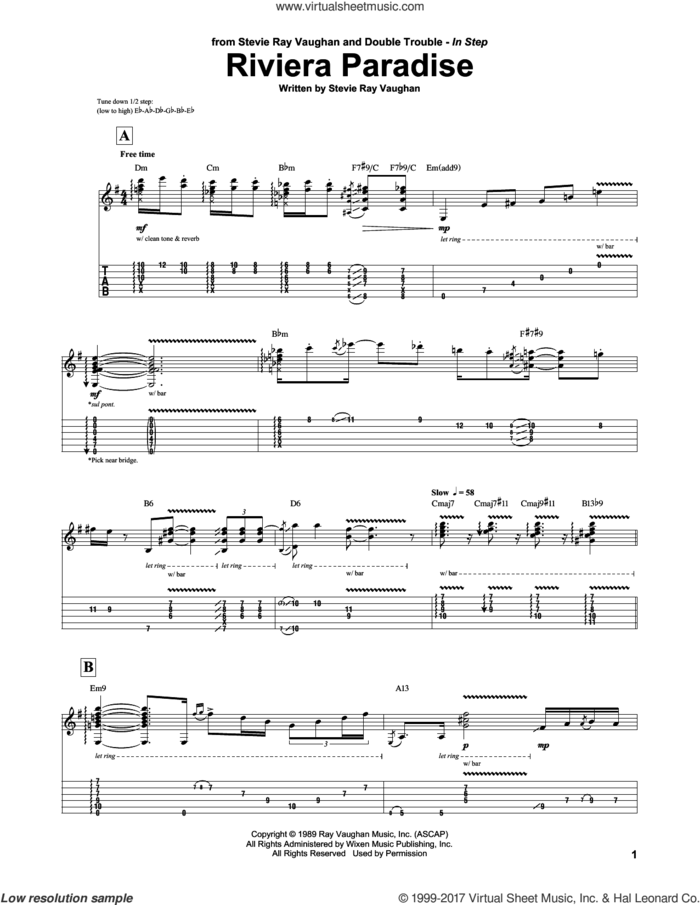 Riviera Paradise sheet music for guitar (tablature) by Stevie Ray Vaughan, intermediate skill level
