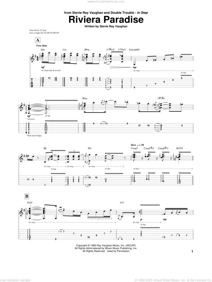 Riviera Paradise sheet music for guitar (tablature) by Stevie Ray Vaughan, intermediate skill level