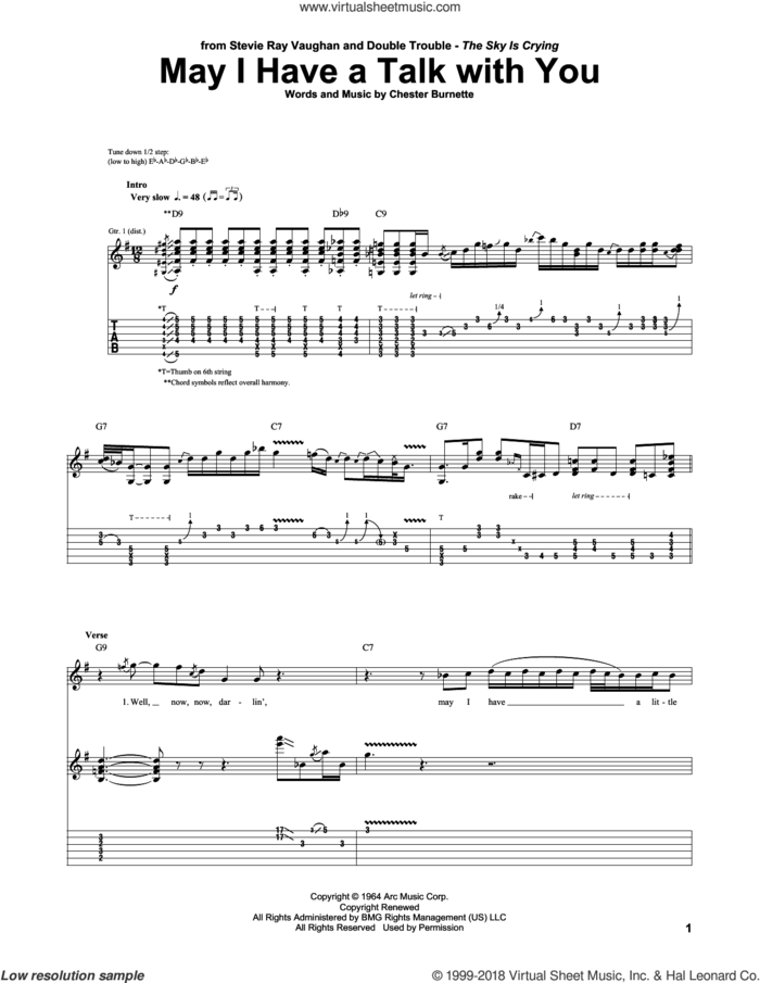 May I Have A Talk With You sheet music for guitar (tablature) by Stevie Ray Vaughan and Chester Burnett, intermediate skill level