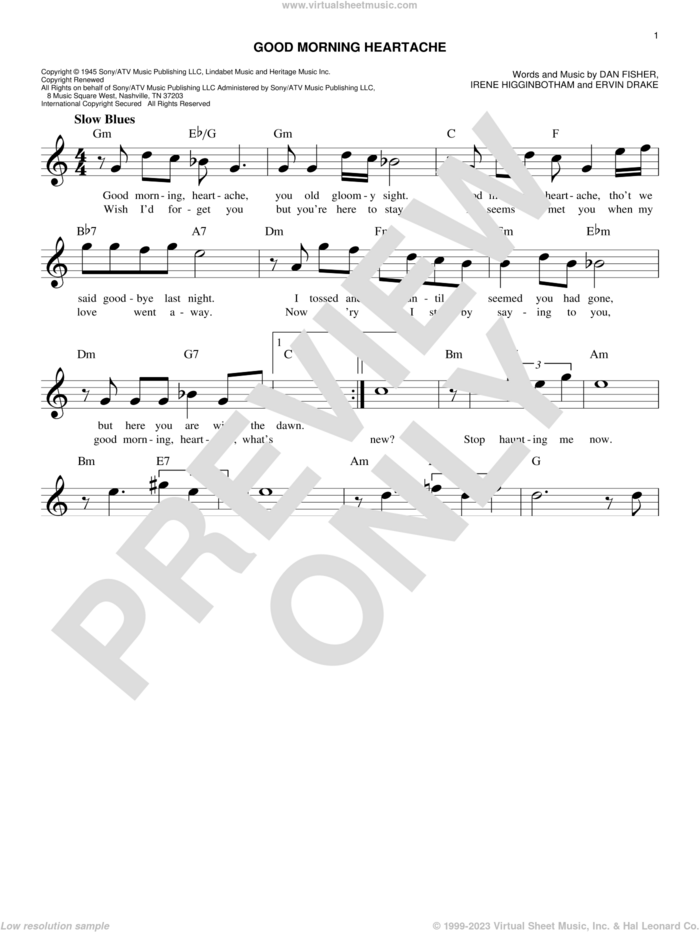 Good Morning Heartache sheet music for voice and other instruments (fake book) by Billie Holiday, Diana Ross, Dan Fisher, Ervin Drake and Irene Higginbotham, intermediate skill level