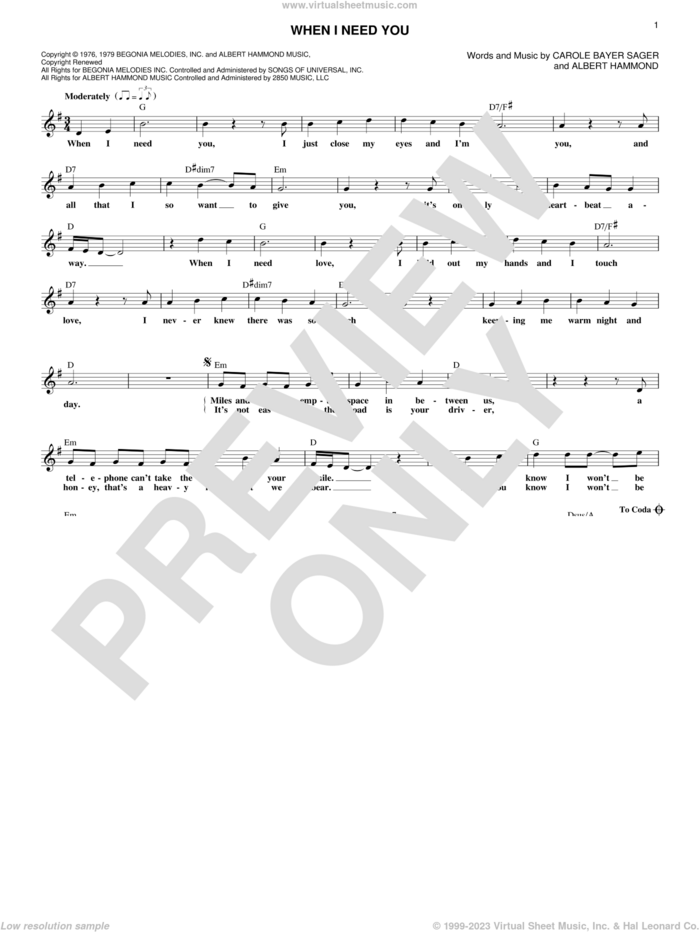 When I Need You sheet music for voice and other instruments (fake book) by Leo Sayer, Albert Hammond and Carole Bayer Sager, intermediate skill level