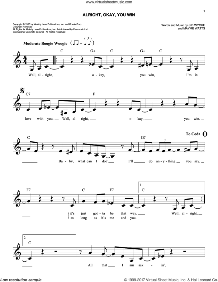 Alright, Okay, You Win sheet music for voice and other instruments (fake book) by Peggy Lee, Mayme Watts and Sid Wyche, easy skill level