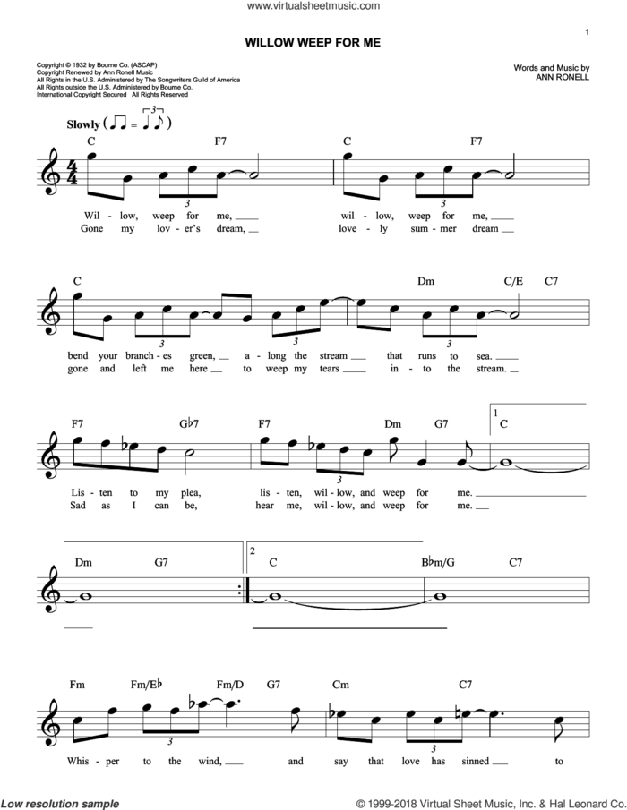 Willow Weep For Me sheet music for voice and other instruments (fake book) by Chad & Jeremy and Ann Ronell, easy skill level