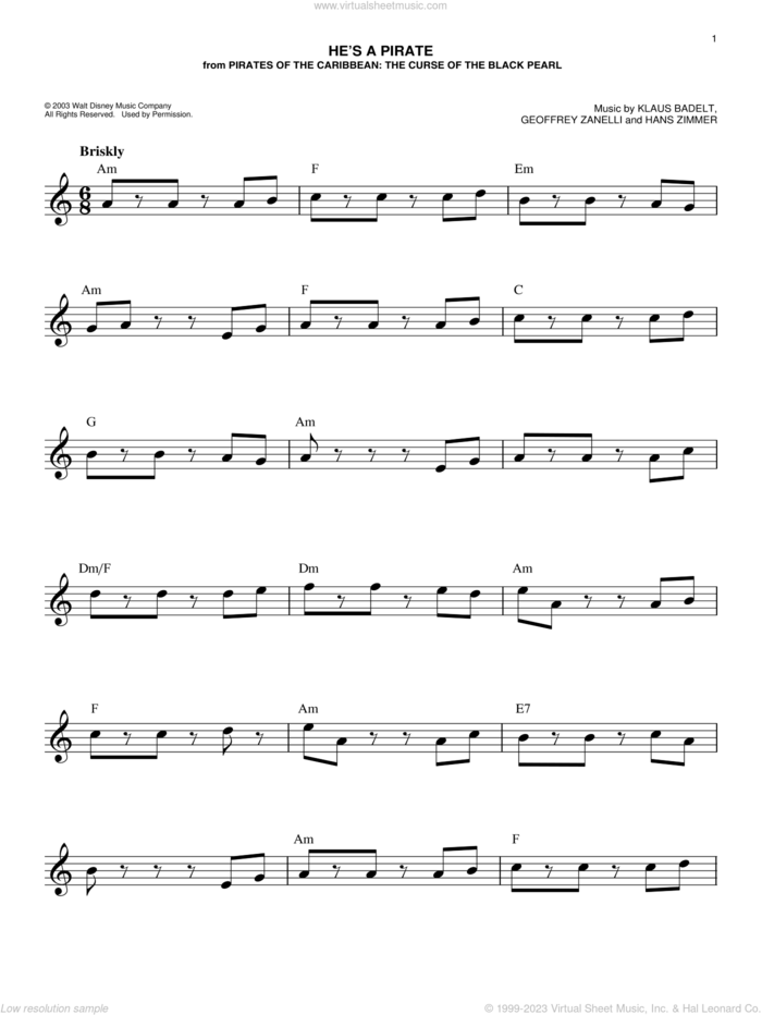 He's A Pirate (from Pirates Of The Caribbean: The Curse of the Black Pearl) sheet music for voice and other instruments (fake book) by Hans Zimmer, Geoffrey Zanelli and Klaus Badelt, easy skill level