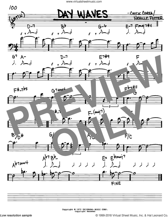 Day Waves sheet music for voice and other instruments (bass clef) by Chick Corea and Neville Potter, intermediate skill level