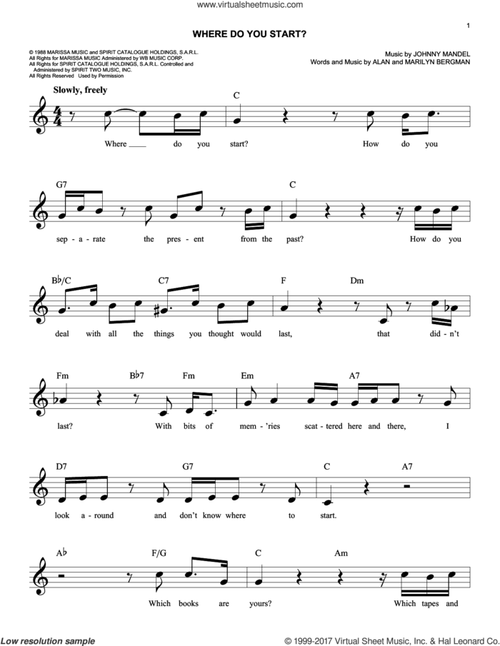 Where Do You Start? sheet music for voice and other instruments (fake book) by Johnny Mandel, Alan Bergman and Marilyn Bergman, easy skill level