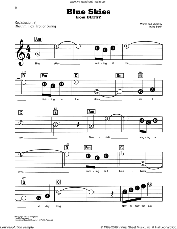 Blue Skies sheet music for piano or keyboard (E-Z Play) by Irving Berlin, wedding score, easy skill level
