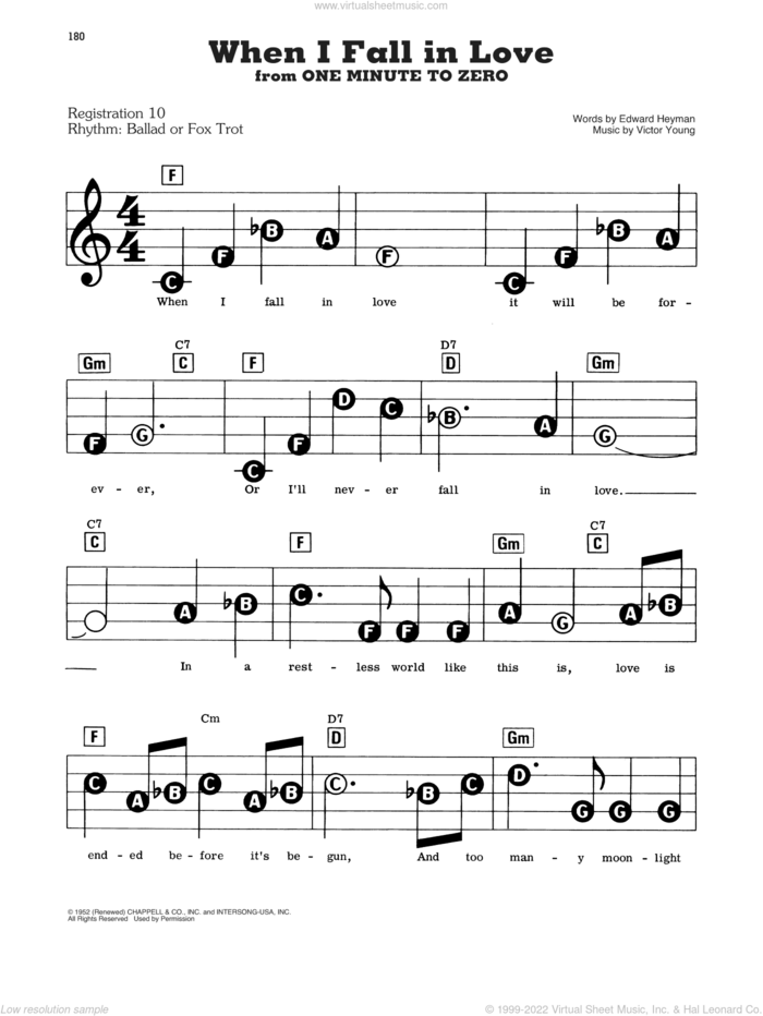 When I Fall In Love sheet music for piano or keyboard (E-Z Play) by Victor Young and Edward Heyman, easy skill level
