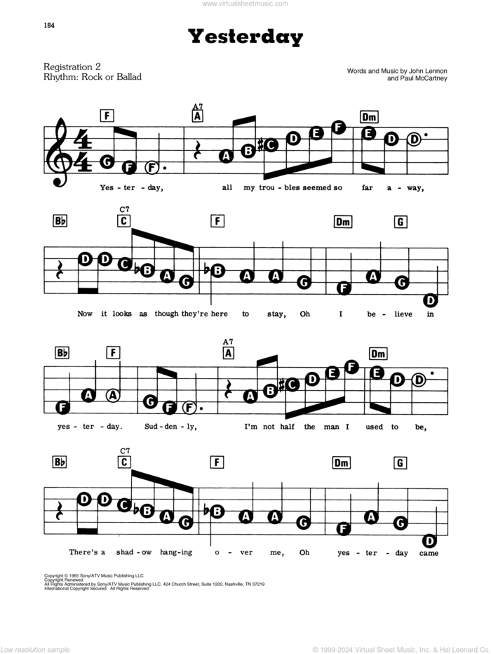 Yesterday sheet music for piano or keyboard (E-Z Play) by The Beatles, easy skill level