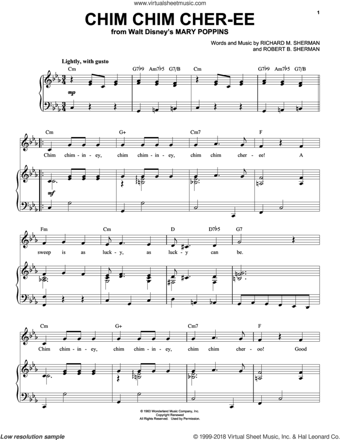 Chim Chim Cher-ee (from Mary Poppins) sheet music for voice, piano or guitar by Ilene Woods, Dick Van Dyke, Linda Ronstadt, Mary Poppins (Movie), New Christy Minstrels, Sherman Brothers, Al Hoffman, Jerry Livingston, Mack David, Richard M. Sherman and Robert B. Sherman, intermediate skill level