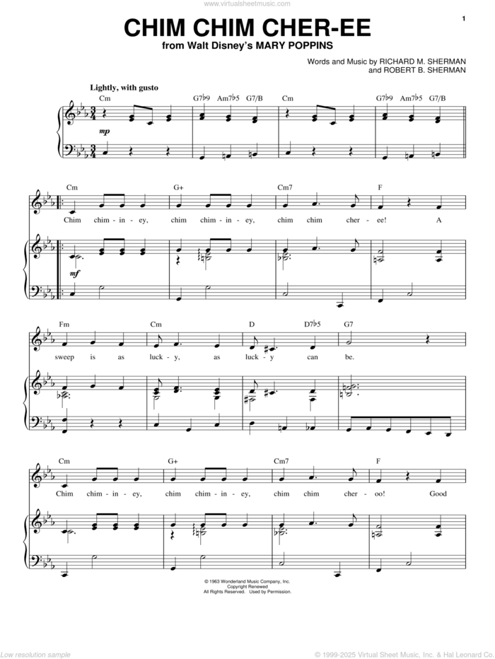 Chim Chim Cher-ee (from Mary Poppins) sheet music for voice, piano or guitar by Ilene Woods, Dick Van Dyke, Linda Ronstadt, Mary Poppins (Movie), New Christy Minstrels, Sherman Brothers, Al Hoffman, Jerry Livingston, Mack David, Richard M. Sherman and Robert B. Sherman, intermediate skill level