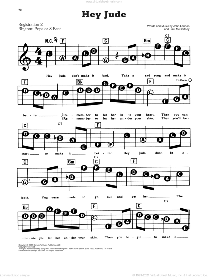 Hey Jude sheet music for piano or keyboard (E-Z Play) by The Beatles, John Lennon and Paul McCartney, easy skill level