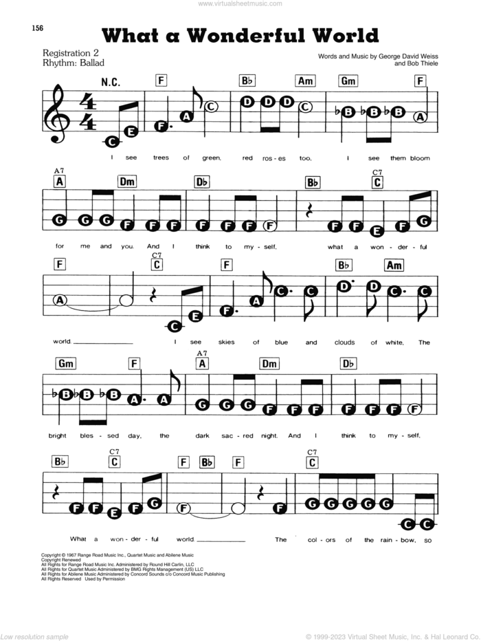 What A Wonderful World sheet music for piano or keyboard (E-Z Play) by Louis Armstrong, Bob Thiele and George David Weiss, easy skill level