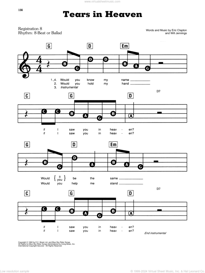 Tears In Heaven sheet music for piano or keyboard (E-Z Play) by Eric Clapton and Will Jennings, easy skill level