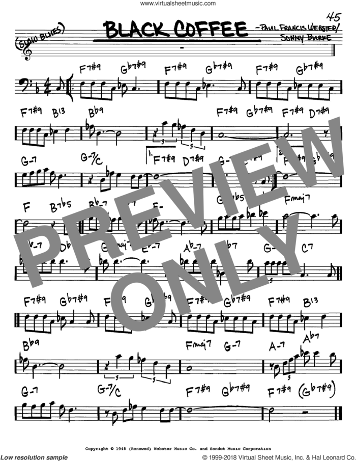 Black Coffee sheet music for voice and other instruments (bass clef) by Paul Francis Webster and Sonny Burke, intermediate skill level