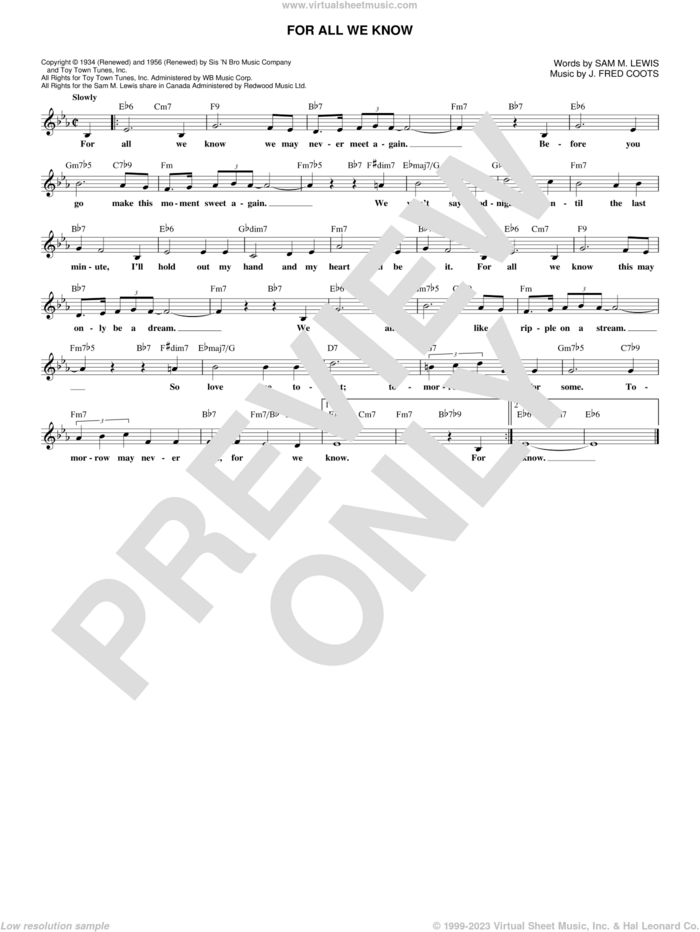 For All We Know sheet music for voice and other instruments (fake book) by J. Fred Coots and Sam Lewis, intermediate skill level