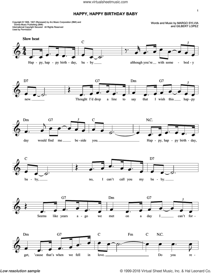 Happy, Happy Birthday Baby sheet music for voice and other instruments (fake book) by Ronnie Milsap, Gilbert Lopez and Margo Sylvia, easy skill level