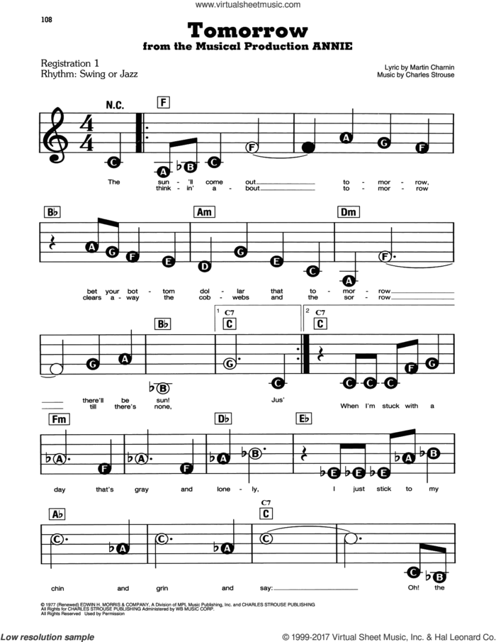 Tomorrow (from Annie) sheet music for piano or keyboard (E-Z Play) by Charles Strouse and Martin Charnin, easy skill level