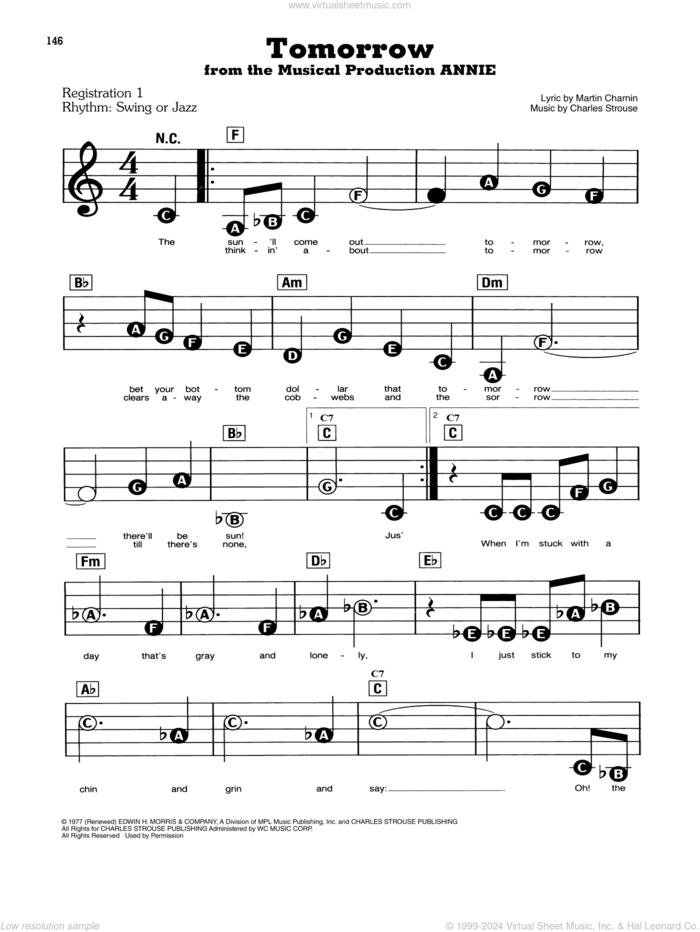 Tomorrow (from Annie) sheet music for piano or keyboard (E-Z Play) by Charles Strouse and Martin Charnin, easy skill level