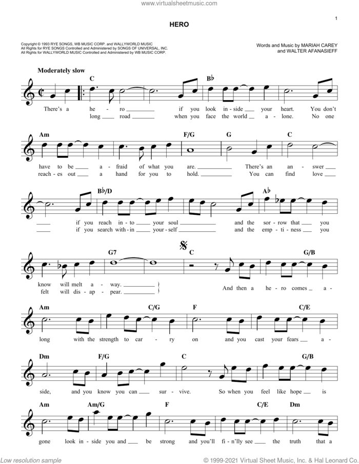 Hero sheet music for voice and other instruments (fake book) by Mariah Carey and Walter Afanasieff, easy skill level